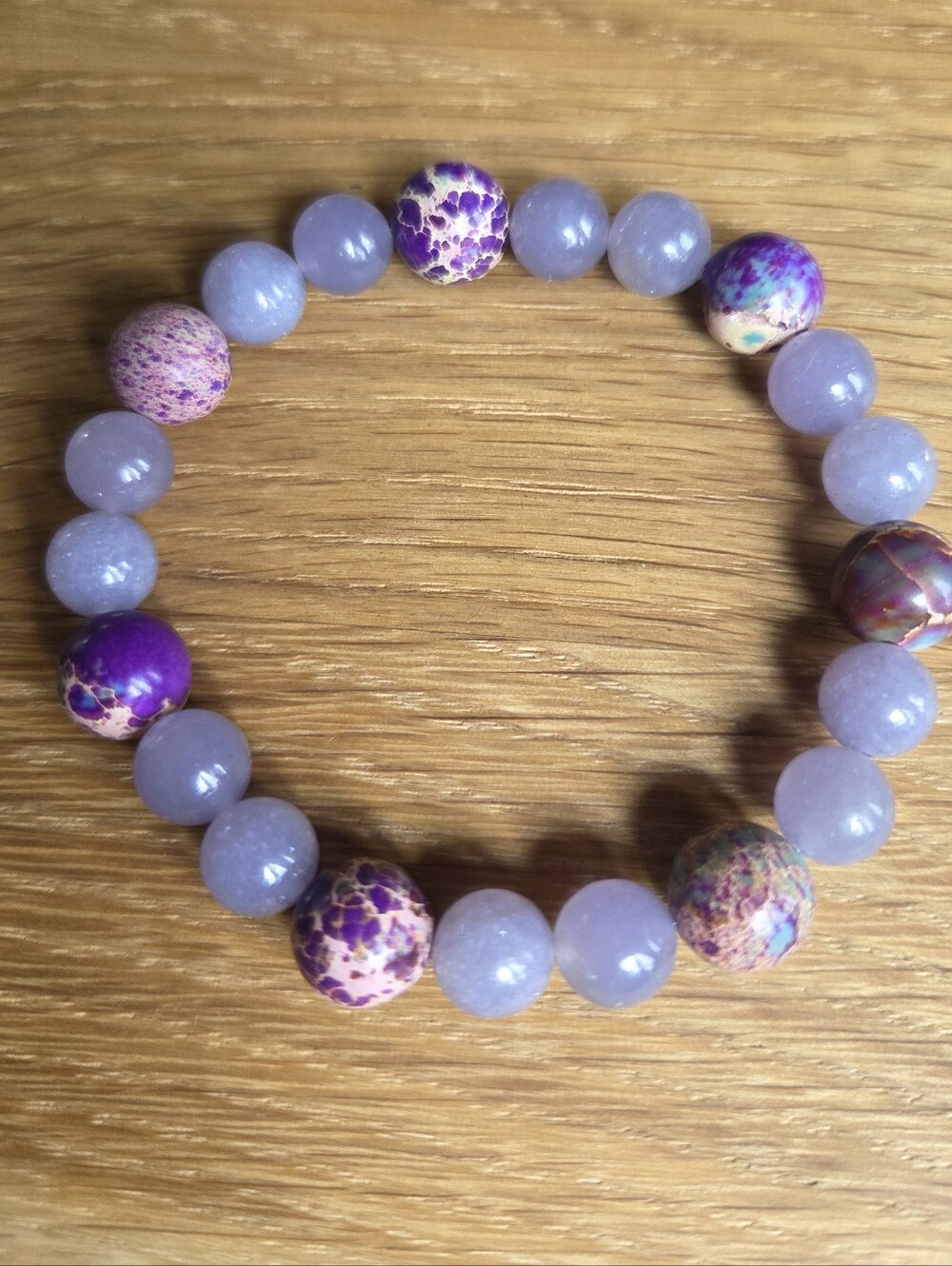 Hand Crafted Lavender Lepidolite and Sea Sediment Jasper Beads Stretch Bracelet - Picture 7 of 11